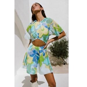 SABO Tropical Hibiscus Floral Puff Sleeve Cut-Out Mini Dress Green 8